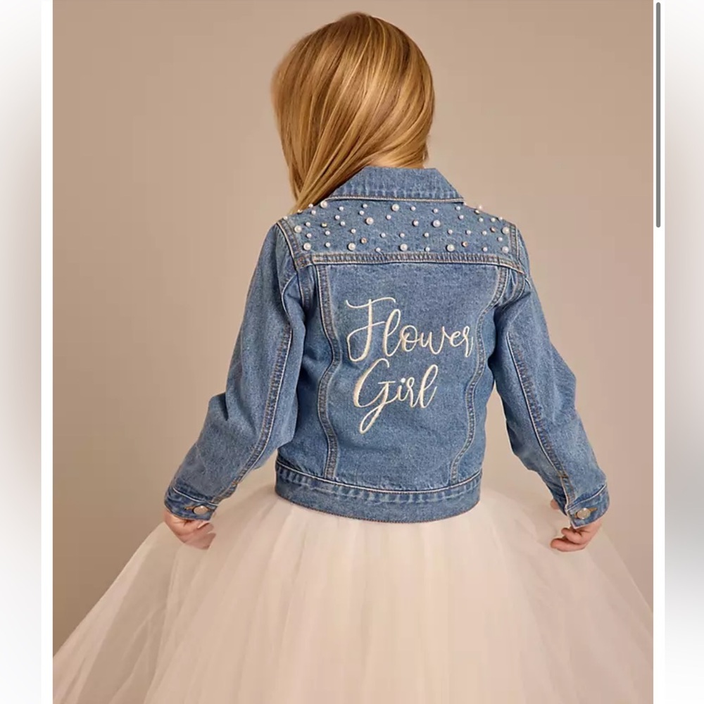 David's Bridal Blue Denim Flower Girl Jean Jacket with Pearl Details